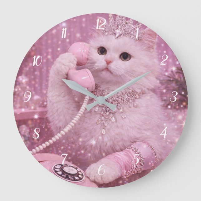 Glamorous Princess Cat Using Telephone             Large Clock (Front)