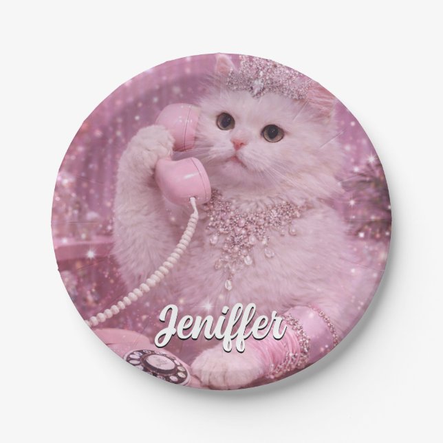 Glamorous Princess Cat Using Telephone             Paper Plate (Front)