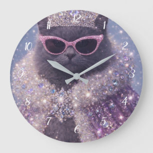 Glamorous Queen Cat Sparkling Fantasy Portrait     Large Clock
