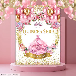 Glamorous Quinceañera Wall Decor Pink Gold Theme Tapestry