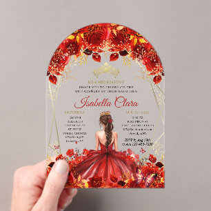 Glamorous Red & Gold Floral Quinceanera Acrylic Invitations