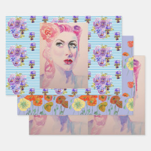 Glamorous Retro Woman Vintage Purple Watercolor Wrapping Paper Sheet