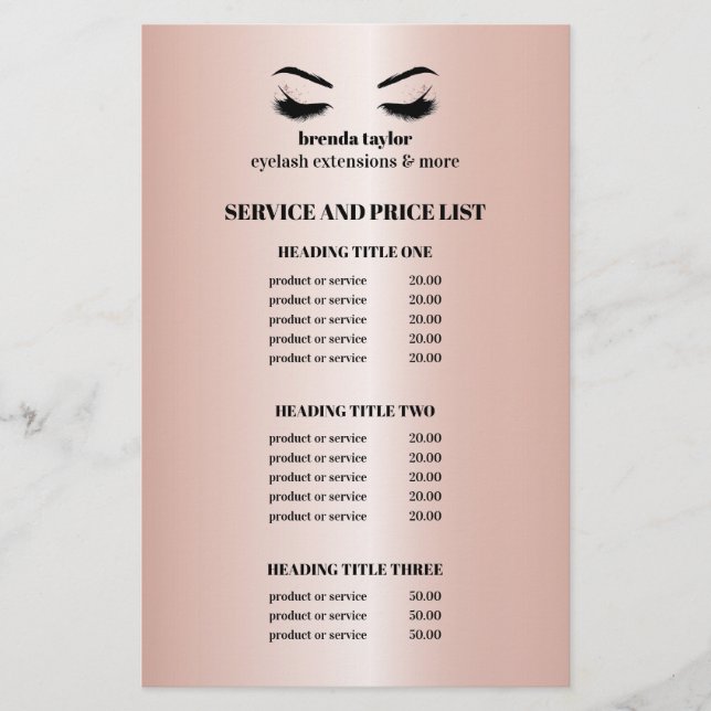 Glamorous rose Gold EYELASH SALON SERVICE LIST Flyer (Front)