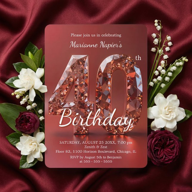 Glamorous Rose Gold Gemstone 40th Birthday Invitation (Creator Uploaded)