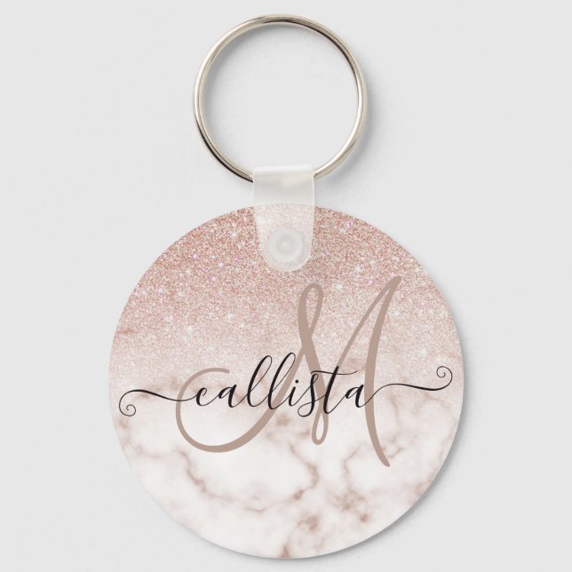 Glamorous Rose Gold White Glitter Marble Gradient Key Ring (Front)