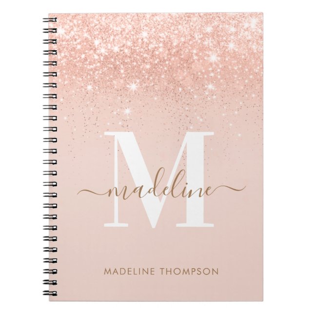 Glamorous Rosegold Glitter Elegant Script Monogram Notebook (Front)