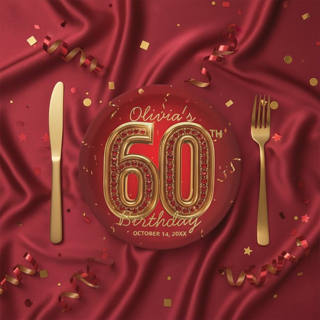 Glamorous Ruby Gemstone Gold 60th Birthday Party Paper Plate (Creator Uploaded)