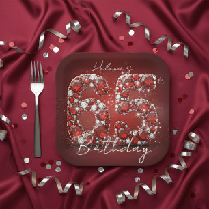 Glamorous Ruby Red Diamonds 65th Birthday Party Paper Plate