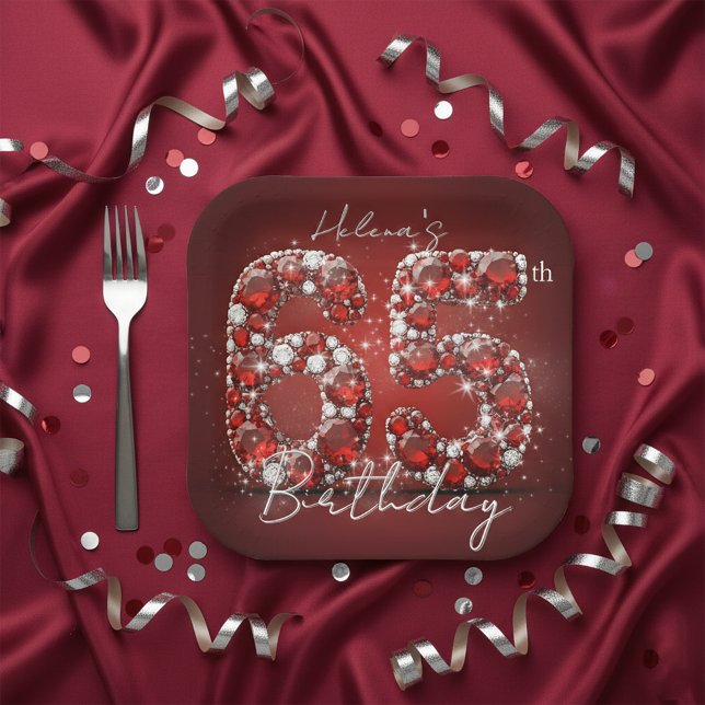 Glamorous Ruby Red Diamonds 65th Birthday Party Paper Plate (Creator Uploaded)