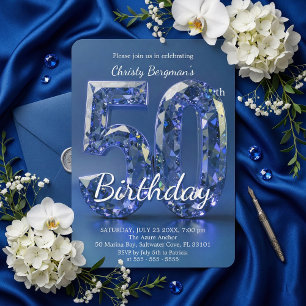 Glamorous Sapphire Blue Diamond 50th Birthday Invitation
