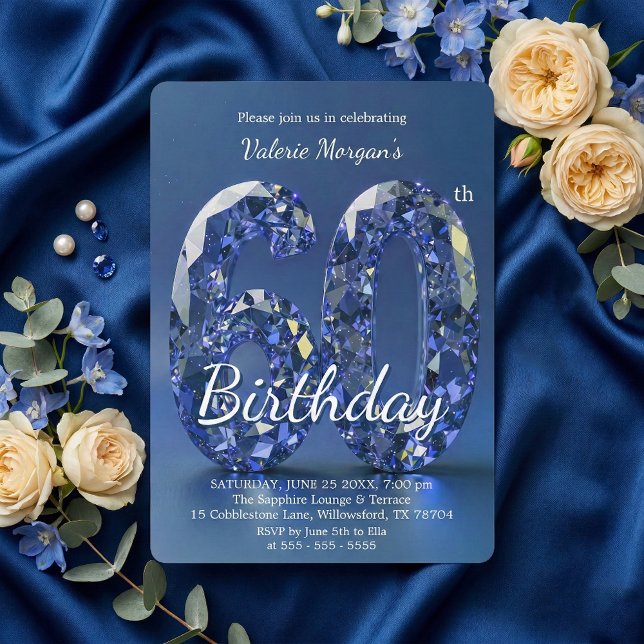 Glamorous Sapphire Blue Diamond 60th Birthday Invitation (Creator Uploaded)