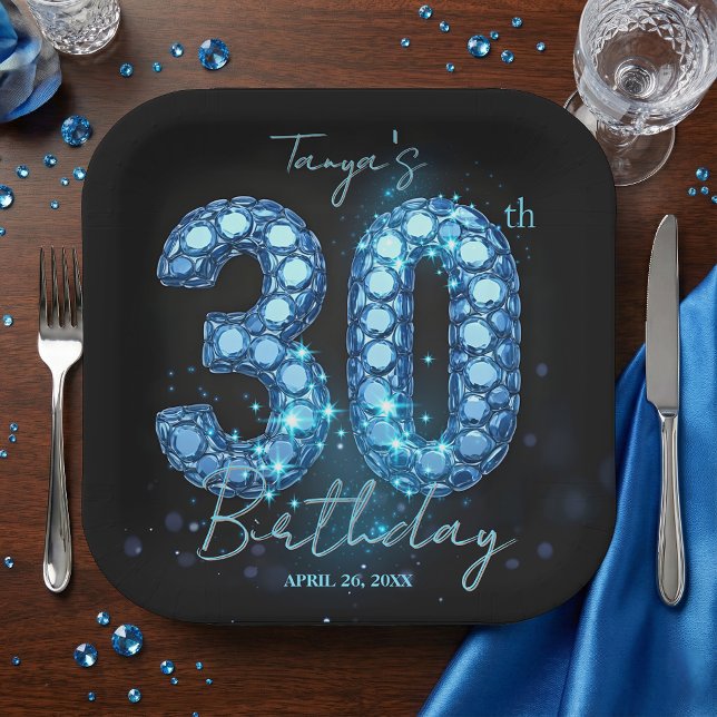 Glamorous Sapphire Blue Jewel Mosaic 30th Birthday Paper Plate (Creator Uploaded)