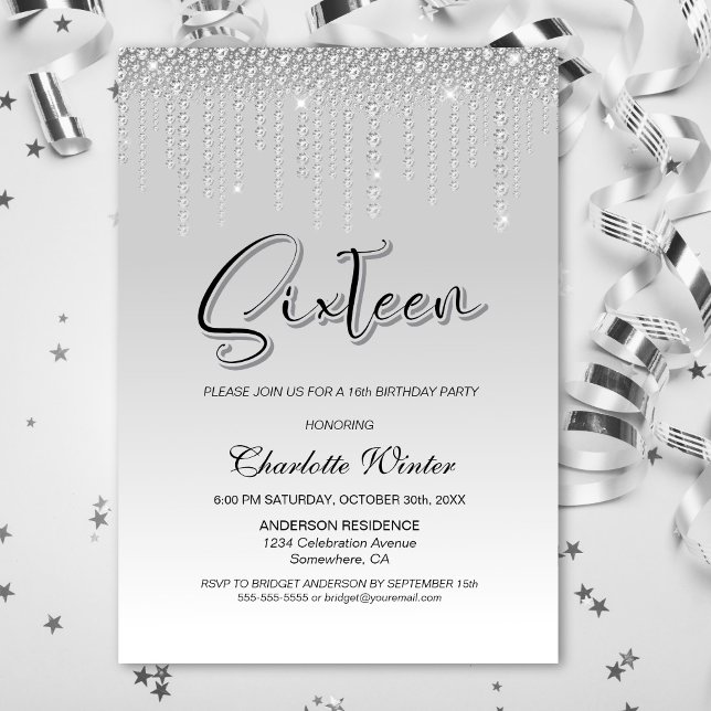 Glamorous Silver Diamonds 16th Birthday Invitation (Creator Uploaded)