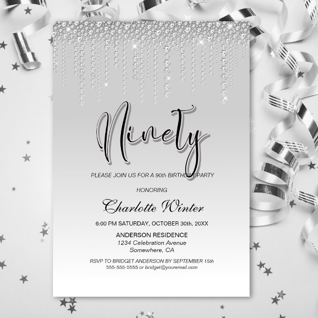 Glamorous Silver Diamonds 90th Birthday Party Invitation (Creator Uploaded)