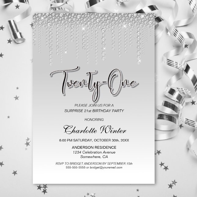 Glamorous Silver Diamonds Surprise 21st Birthday Invitation (Creator Uploaded)
