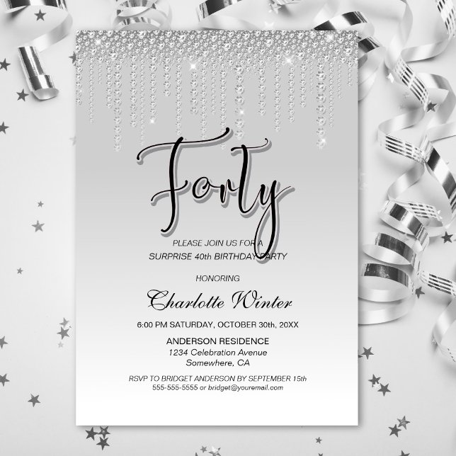 Glamorous Silver Diamonds Surprise 40th Birthday Invitation (Creator Uploaded)
