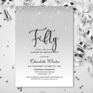 Glamorous Silver Diamonds Surprise 50th Birthday Invitation