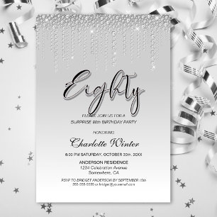 Glamorous Silver Diamonds Surprise 80th Birthday Invitation