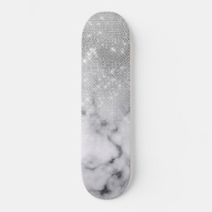 Glamorous Silver Glitter White Marble Ombre Skateboard