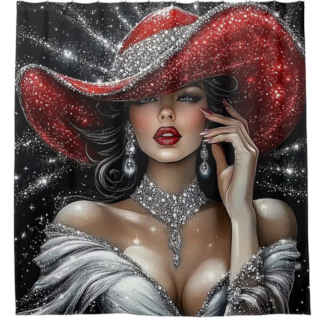 Glamorous Sparkle Lady in Red Hat Shower Curtain (Front)