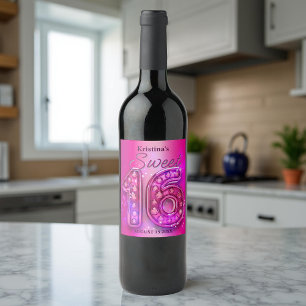 Glamorous Sparkling Hot Pink Gemstone Sweet 16 Wine Label