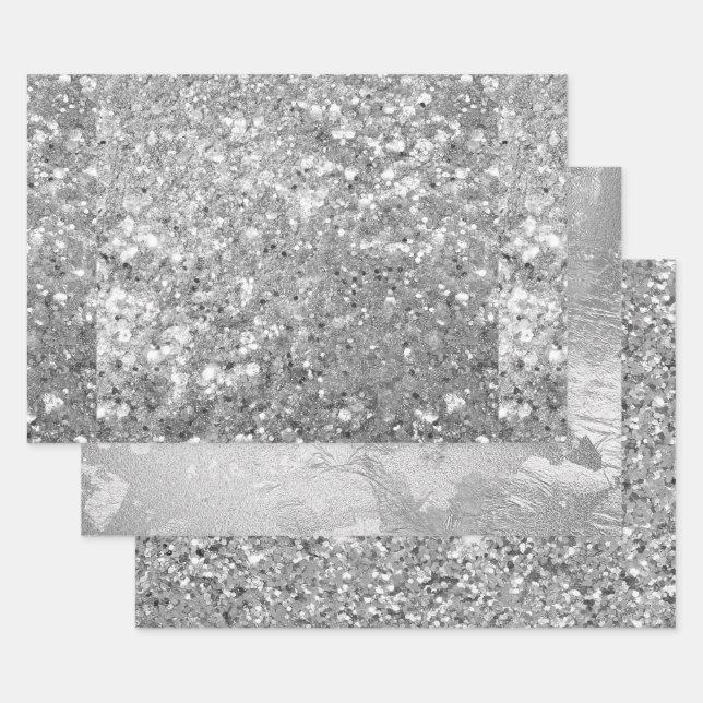 Glamorous Sparkling Silver Glitter & Foil Patterns Wrapping Paper Sheet (Set)