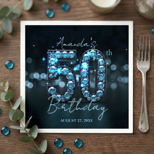 Glamorous Sparkly Teal Blue Diamonds 50th Birthday Napkin (Creator Uploaded)