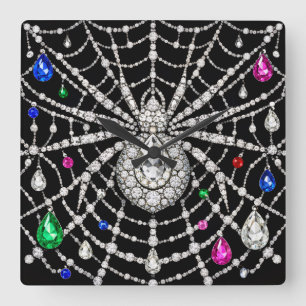 Glamorous Spider Bejewelled Diamond design  Square Wall Clock