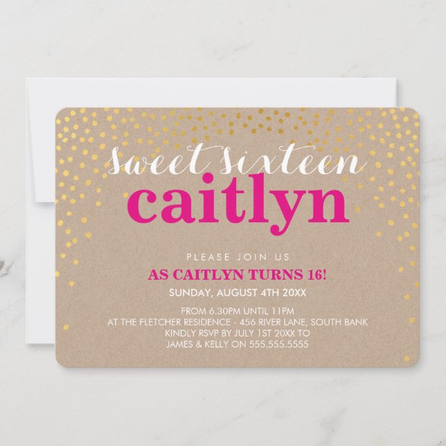 GLAMOROUS SWEET 16 rustic gold confetti pink kraft Invitation (Front)