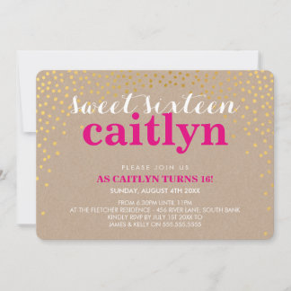 GLAMOROUS SWEET 16 rustic gold confetti pink kraft Invitation