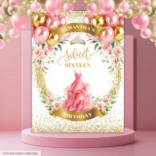 Glamorous Sweet Sixteen Banner Blush Gold Balloons Tapestry