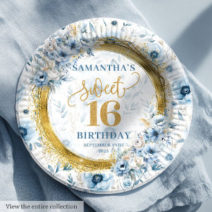 Glamorous Sweet Sixteen Dusty Blue Gold Plates