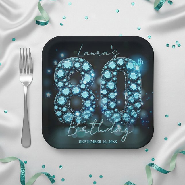 Glamorous Teal Blue Diamonds 80th Birthday Party Paper Plate (Creator Uploaded)