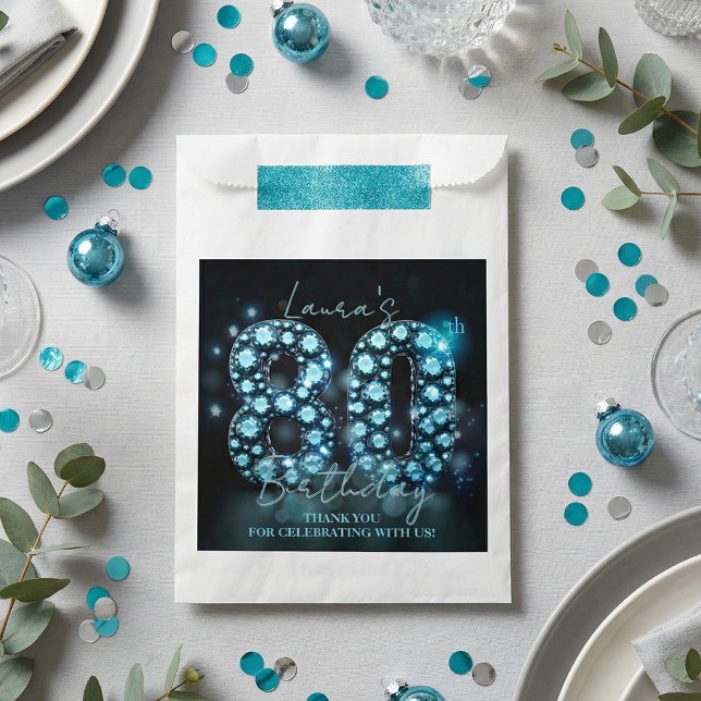 Glamorous Teal Blue Diamonds Black 80th Birthday Favour Bags (Creator Uploaded)