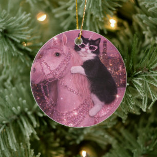Glamorous Unicorn Cat Under Sparkling City         Ceramic Tree Decoration