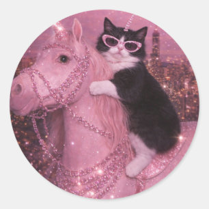 Glamorous Unicorn Cat Under Sparkling City Classic Round Sticker