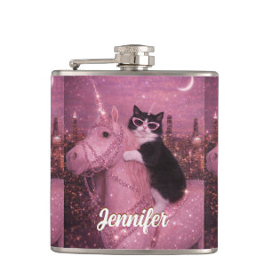 Glamorous Unicorn Cat Under Sparkling City Hip Flask