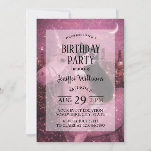 Glamorous Unicorn Cat Under Sparkling City         Invitation