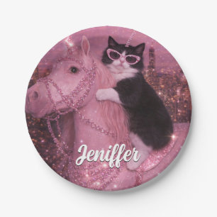 Glamorous Unicorn Cat Under Sparkling City Paper Plate