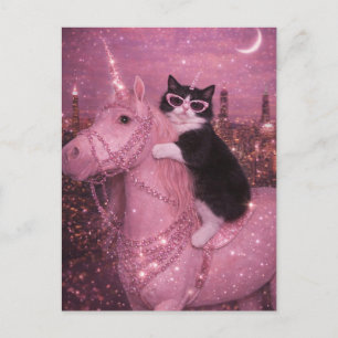 Glamorous Unicorn Cat Under Sparkling City         Postcard
