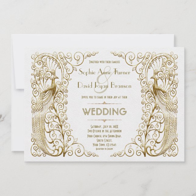 Glamorous White Gold Art Deco Peacocks Wedding Invitation (Front)
