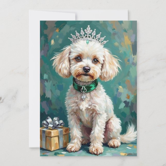Glamorous White Poodle Princess Christmas Art Holiday Card (Front)
