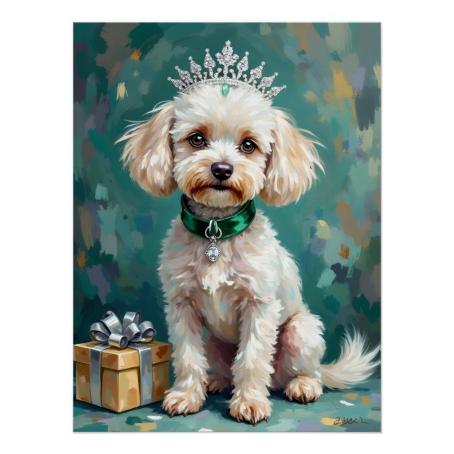 Glamorous White Poodle Princess Christmas Art Poster (Front)
