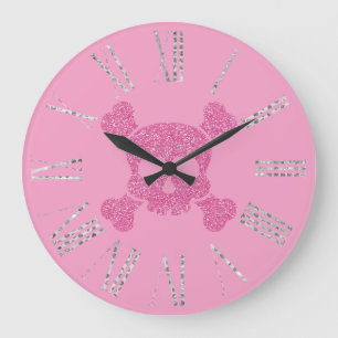 GlamorousPink Glitter Skull and Crossbones Large Clock