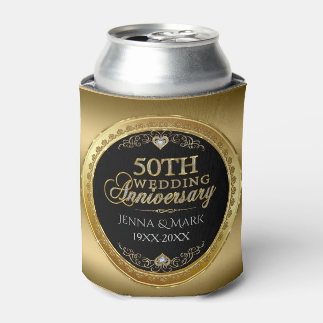 Glamour 50th Wedding Anniversary Black & Gold Can Cooler (Can Front)