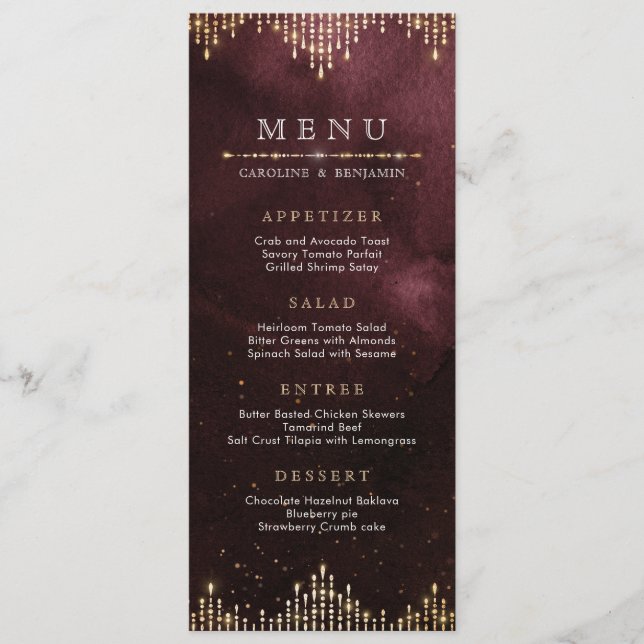 Glamour Art Deco Burgundy Vintage wedding menu (Front)