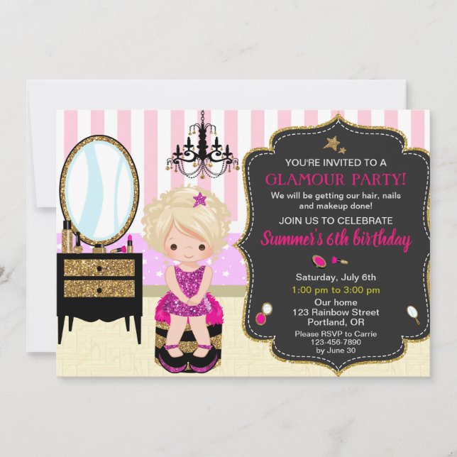 Glamour birthday invitation Makeup manicures party (Front)