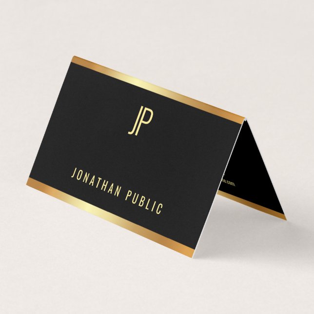Glamour Black And Gold Professional Elegant Folded Business Card (Front)