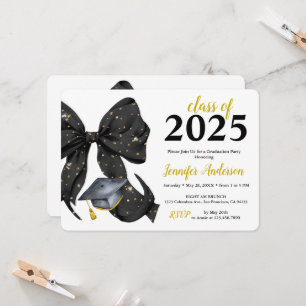 Glamour Black/Gold Bow Graduation Party Invitation