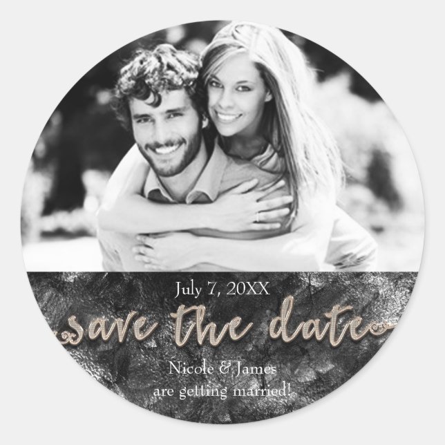 Glamour Black & Gold Chic Save The Date Photo Classic Round Sticker (Front)